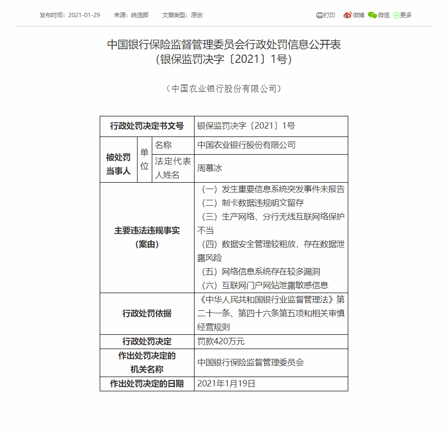 因網絡安全等問題中國農業(yè)銀行被罰款420萬